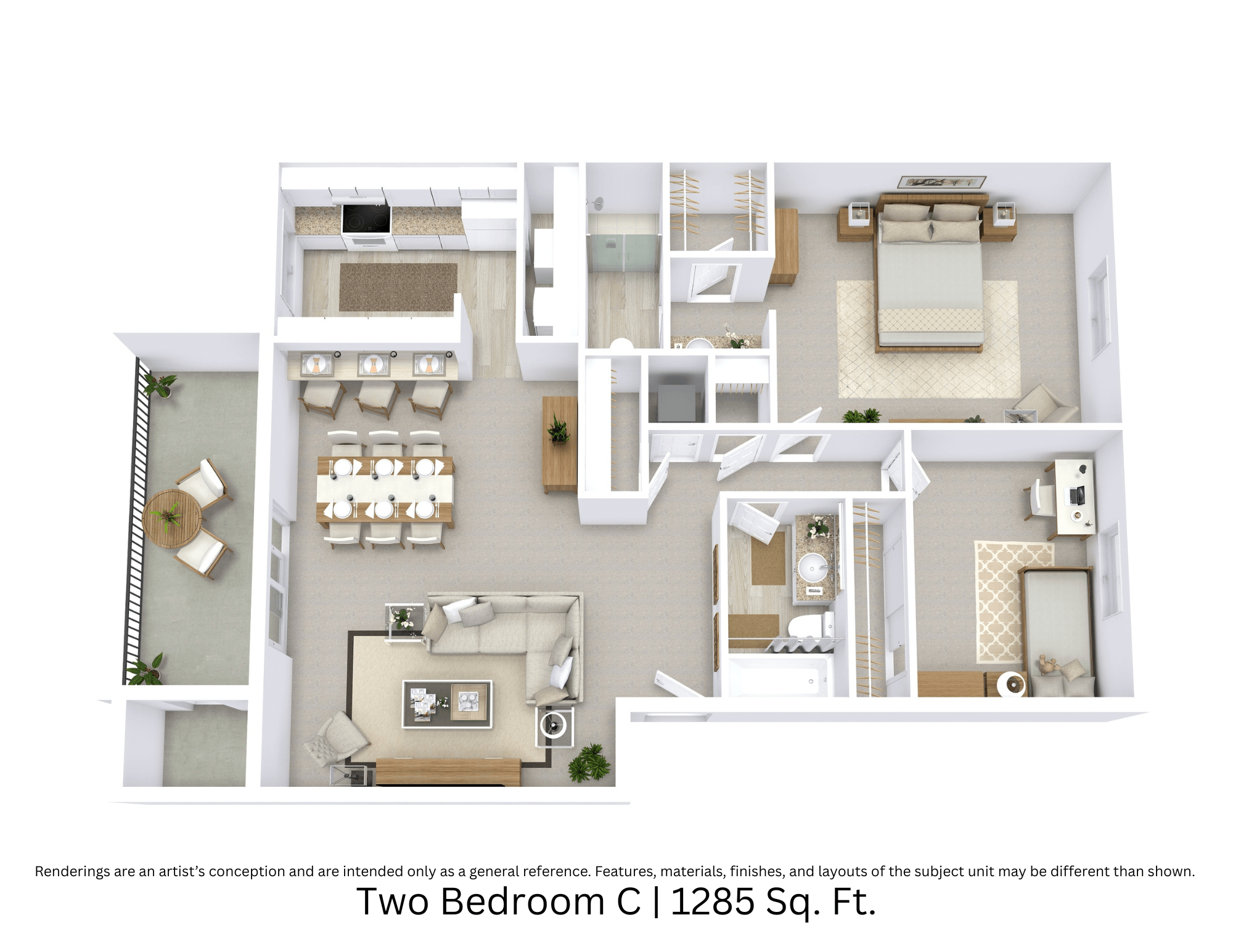 Floor plan for 2 beds, 2 baths, 1064 sqft